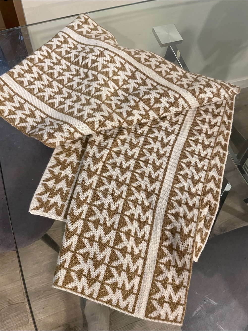 Michael Kors Tan and White Logo Jacquard Scarf